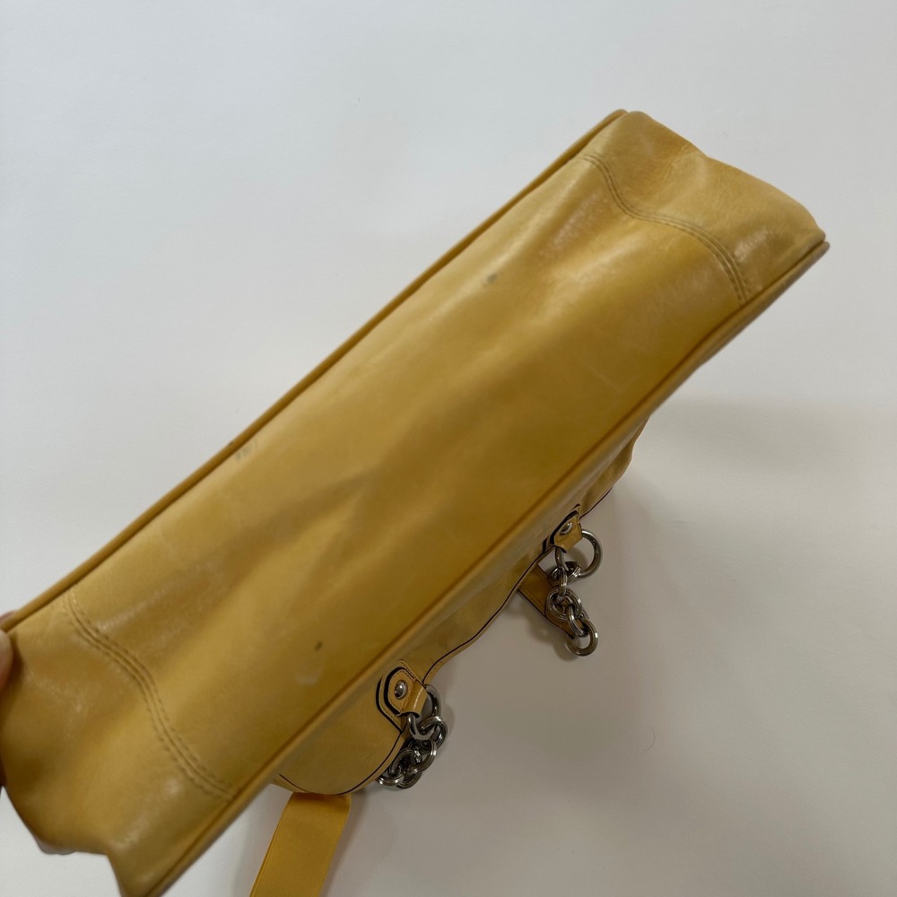 Coach Yellow Leather Tote Bag Silver Chain Strap Front Pocket Flap Closure - Picture 7 of 8